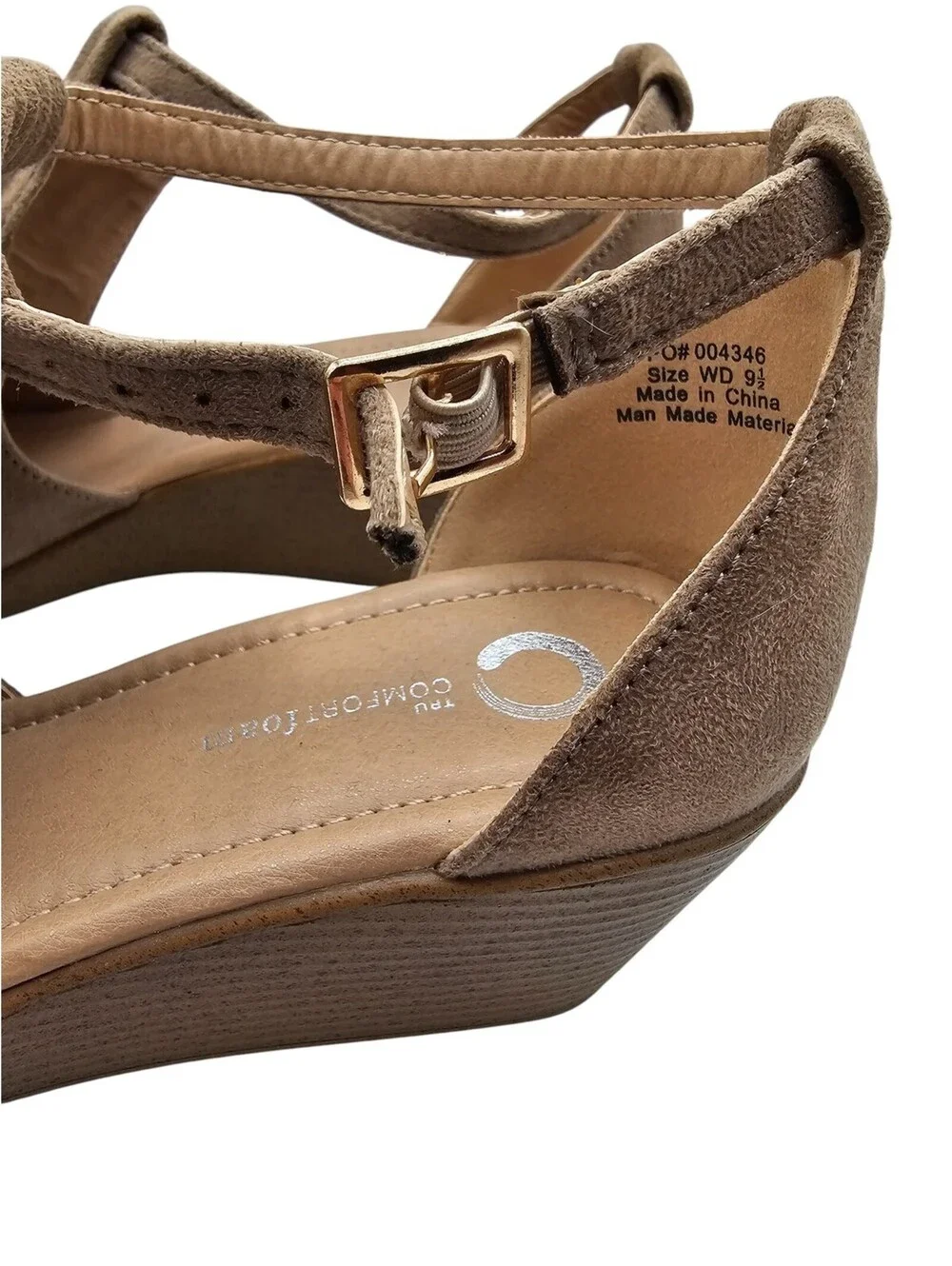 TPU Comfortfoam Womens Sz 9.5 Wedge Ankle Strap High Heel Shoes Beige